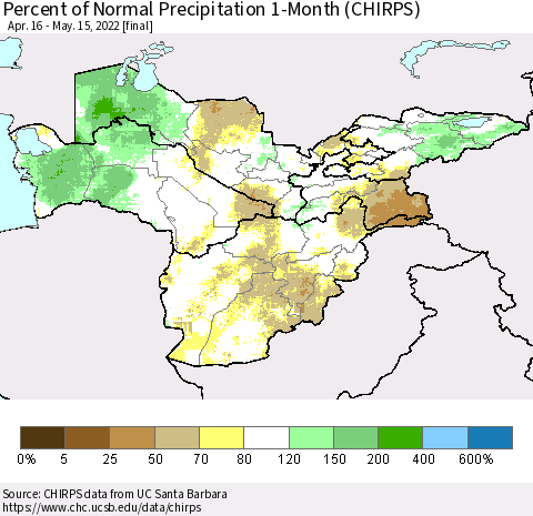 Central Asia Percent of Normal Precipitation 1-Month (CHIRPS) Thematic Map For 4/16/2022 - 5/15/2022