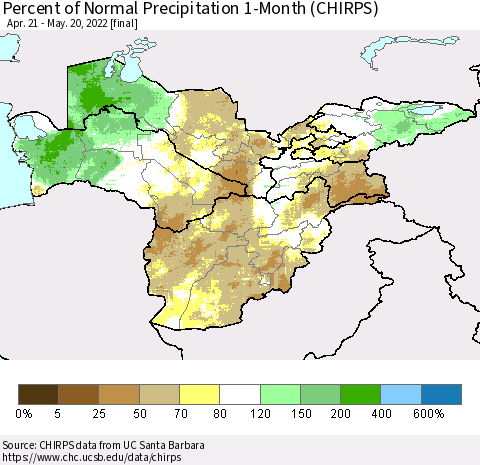 Central Asia Percent of Normal Precipitation 1-Month (CHIRPS) Thematic Map For 4/21/2022 - 5/20/2022