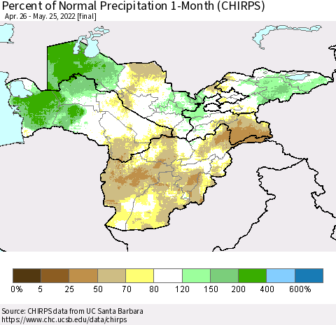 Central Asia Percent of Normal Precipitation 1-Month (CHIRPS) Thematic Map For 4/26/2022 - 5/25/2022