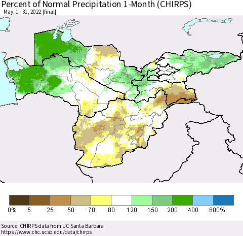 Central Asia Percent of Normal Precipitation 1-Month (CHIRPS) Thematic Map For 5/1/2022 - 5/31/2022