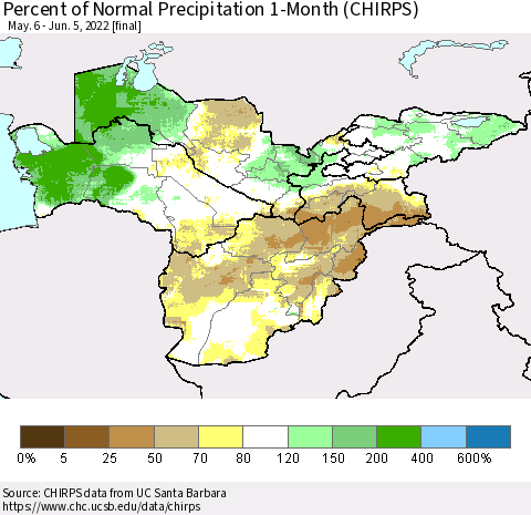 Central Asia Percent of Normal Precipitation 1-Month (CHIRPS) Thematic Map For 5/6/2022 - 6/5/2022
