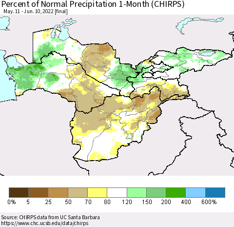 Central Asia Percent of Normal Precipitation 1-Month (CHIRPS) Thematic Map For 5/11/2022 - 6/10/2022