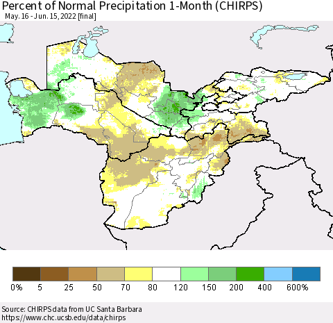Central Asia Percent of Normal Precipitation 1-Month (CHIRPS) Thematic Map For 5/16/2022 - 6/15/2022