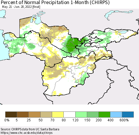 Central Asia Percent of Normal Precipitation 1-Month (CHIRPS) Thematic Map For 5/21/2022 - 6/20/2022