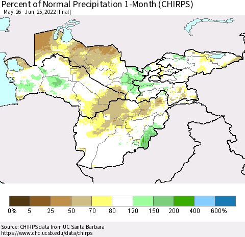 Central Asia Percent of Normal Precipitation 1-Month (CHIRPS) Thematic Map For 5/26/2022 - 6/25/2022