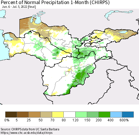 Central Asia Percent of Normal Precipitation 1-Month (CHIRPS) Thematic Map For 6/6/2022 - 7/5/2022