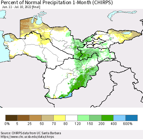 Central Asia Percent of Normal Precipitation 1-Month (CHIRPS) Thematic Map For 6/11/2022 - 7/10/2022