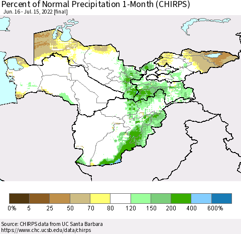 Central Asia Percent of Normal Precipitation 1-Month (CHIRPS) Thematic Map For 6/16/2022 - 7/15/2022