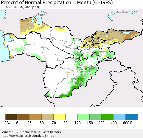 Central Asia Percent of Normal Precipitation 1-Month (CHIRPS) Thematic Map For 6/21/2022 - 7/20/2022