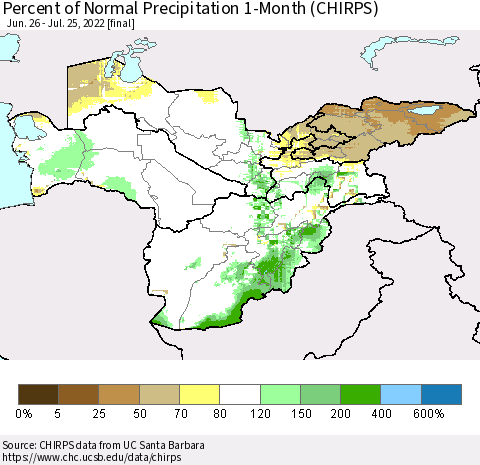 Central Asia Percent of Normal Precipitation 1-Month (CHIRPS) Thematic Map For 6/26/2022 - 7/25/2022