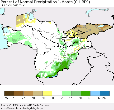 Central Asia Percent of Normal Precipitation 1-Month (CHIRPS) Thematic Map For 7/1/2022 - 7/31/2022