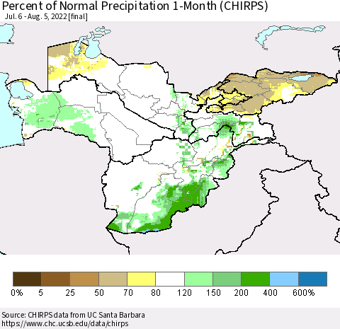 Central Asia Percent of Normal Precipitation 1-Month (CHIRPS) Thematic Map For 7/6/2022 - 8/5/2022