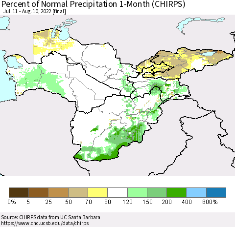 Central Asia Percent of Normal Precipitation 1-Month (CHIRPS) Thematic Map For 7/11/2022 - 8/10/2022