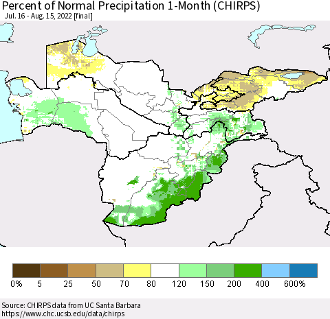 Central Asia Percent of Normal Precipitation 1-Month (CHIRPS) Thematic Map For 7/16/2022 - 8/15/2022