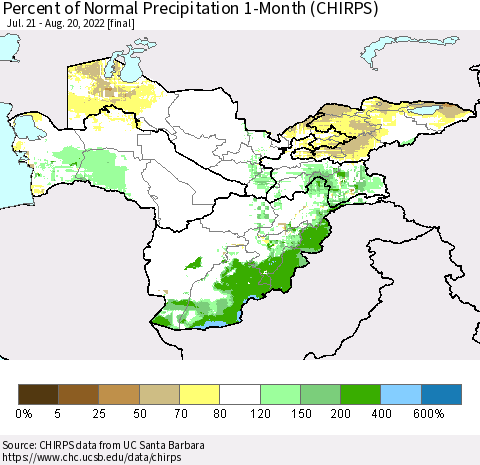 Central Asia Percent of Normal Precipitation 1-Month (CHIRPS) Thematic Map For 7/21/2022 - 8/20/2022