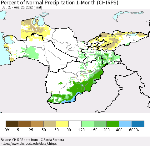 Central Asia Percent of Normal Precipitation 1-Month (CHIRPS) Thematic Map For 7/26/2022 - 8/25/2022