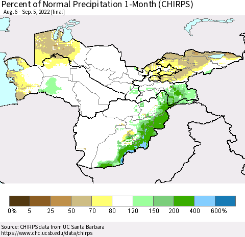 Central Asia Percent of Normal Precipitation 1-Month (CHIRPS) Thematic Map For 8/6/2022 - 9/5/2022