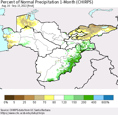 Central Asia Percent of Normal Precipitation 1-Month (CHIRPS) Thematic Map For 8/16/2022 - 9/15/2022