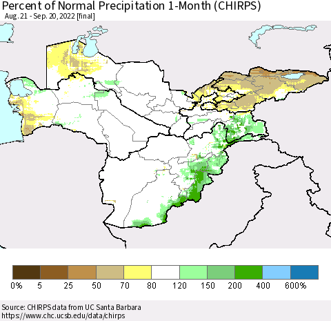 Central Asia Percent of Normal Precipitation 1-Month (CHIRPS) Thematic Map For 8/21/2022 - 9/20/2022