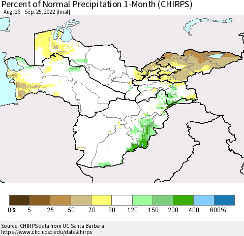 Central Asia Percent of Normal Precipitation 1-Month (CHIRPS) Thematic Map For 8/26/2022 - 9/25/2022