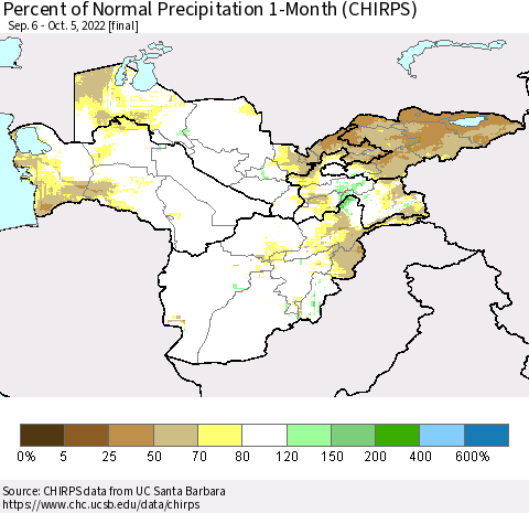 Central Asia Percent of Normal Precipitation 1-Month (CHIRPS) Thematic Map For 9/6/2022 - 10/5/2022