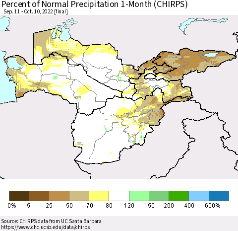Central Asia Percent of Normal Precipitation 1-Month (CHIRPS) Thematic Map For 9/11/2022 - 10/10/2022