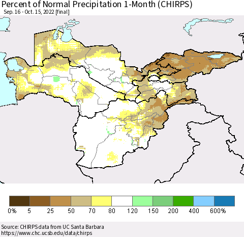 Central Asia Percent of Normal Precipitation 1-Month (CHIRPS) Thematic Map For 9/16/2022 - 10/15/2022