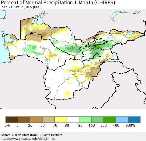 Central Asia Percent of Normal Precipitation 1-Month (CHIRPS) Thematic Map For 9/21/2022 - 10/20/2022