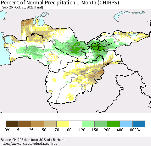 Central Asia Percent of Normal Precipitation 1-Month (CHIRPS) Thematic Map For 9/26/2022 - 10/25/2022