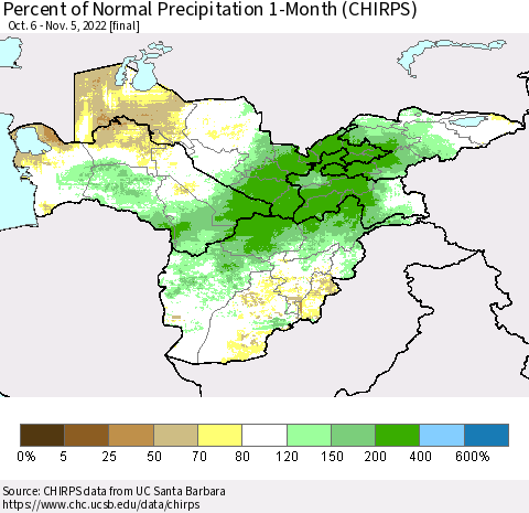 Central Asia Percent of Normal Precipitation 1-Month (CHIRPS) Thematic Map For 10/6/2022 - 11/5/2022