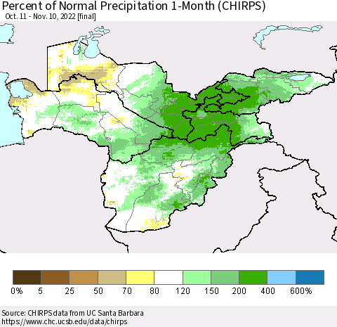 Central Asia Percent of Normal Precipitation 1-Month (CHIRPS) Thematic Map For 10/11/2022 - 11/10/2022