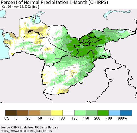Central Asia Percent of Normal Precipitation 1-Month (CHIRPS) Thematic Map For 10/16/2022 - 11/15/2022