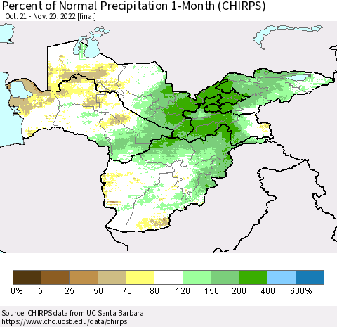 Central Asia Percent of Normal Precipitation 1-Month (CHIRPS) Thematic Map For 10/21/2022 - 11/20/2022