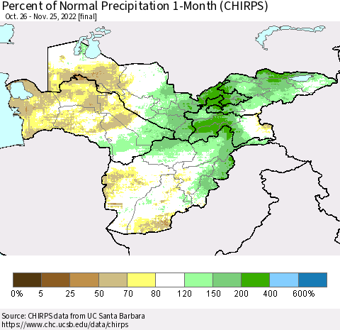 Central Asia Percent of Normal Precipitation 1-Month (CHIRPS) Thematic Map For 10/26/2022 - 11/25/2022