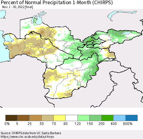 Central Asia Percent of Normal Precipitation 1-Month (CHIRPS) Thematic Map For 11/1/2022 - 11/30/2022