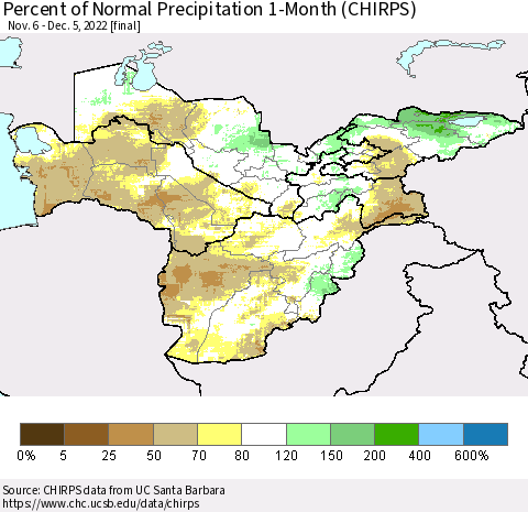 Central Asia Percent of Normal Precipitation 1-Month (CHIRPS) Thematic Map For 11/6/2022 - 12/5/2022