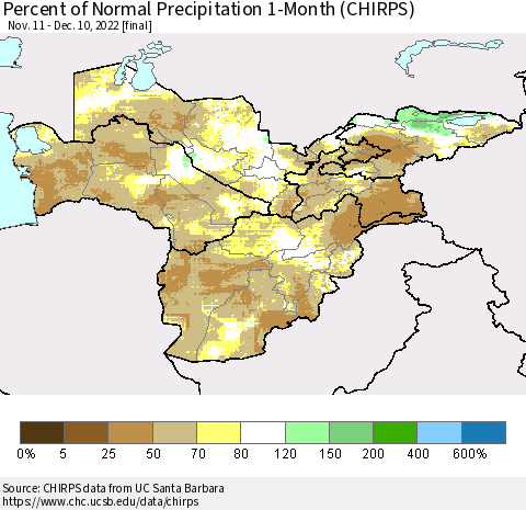 Central Asia Percent of Normal Precipitation 1-Month (CHIRPS) Thematic Map For 11/11/2022 - 12/10/2022