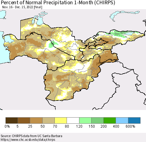 Central Asia Percent of Normal Precipitation 1-Month (CHIRPS) Thematic Map For 11/16/2022 - 12/15/2022