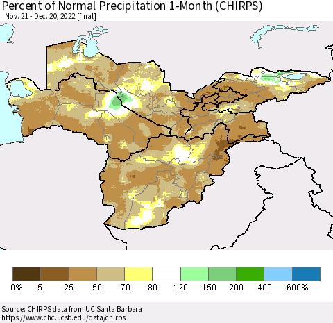 Central Asia Percent of Normal Precipitation 1-Month (CHIRPS) Thematic Map For 11/21/2022 - 12/20/2022