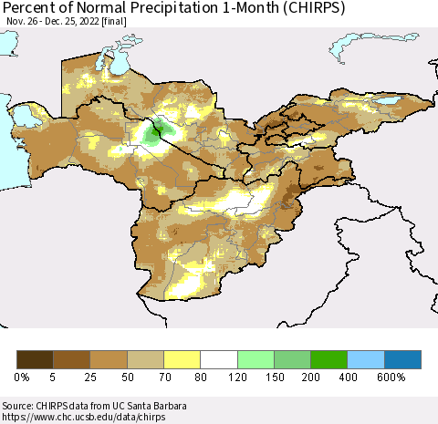 Central Asia Percent of Normal Precipitation 1-Month (CHIRPS) Thematic Map For 11/26/2022 - 12/25/2022