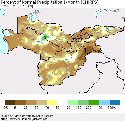 Central Asia Percent of Normal Precipitation 1-Month (CHIRPS) Thematic Map For 12/6/2022 - 1/5/2023
