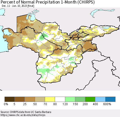 Central Asia Percent of Normal Precipitation 1-Month (CHIRPS) Thematic Map For 12/11/2022 - 1/10/2023