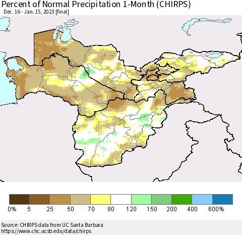 Central Asia Percent of Normal Precipitation 1-Month (CHIRPS) Thematic Map For 12/16/2022 - 1/15/2023