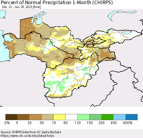 Central Asia Percent of Normal Precipitation 1-Month (CHIRPS) Thematic Map For 12/21/2022 - 1/20/2023