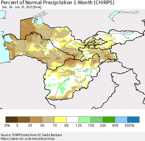 Central Asia Percent of Normal Precipitation 1-Month (CHIRPS) Thematic Map For 12/26/2022 - 1/25/2023