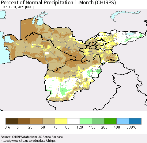 Central Asia Percent of Normal Precipitation 1-Month (CHIRPS) Thematic Map For 1/1/2023 - 1/31/2023