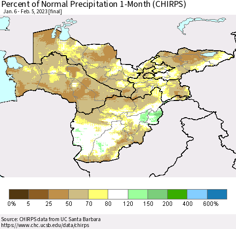 Central Asia Percent of Normal Precipitation 1-Month (CHIRPS) Thematic Map For 1/6/2023 - 2/5/2023