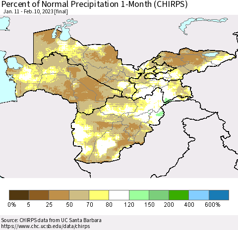 Central Asia Percent of Normal Precipitation 1-Month (CHIRPS) Thematic Map For 1/11/2023 - 2/10/2023