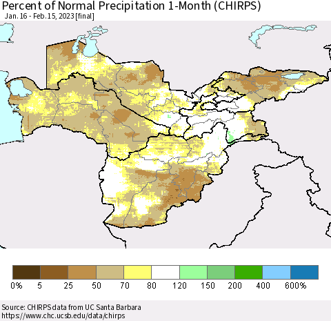 Central Asia Percent of Normal Precipitation 1-Month (CHIRPS) Thematic Map For 1/16/2023 - 2/15/2023