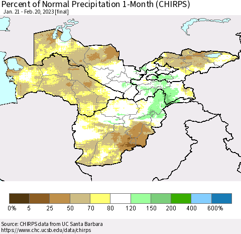 Central Asia Percent of Normal Precipitation 1-Month (CHIRPS) Thematic Map For 1/21/2023 - 2/20/2023